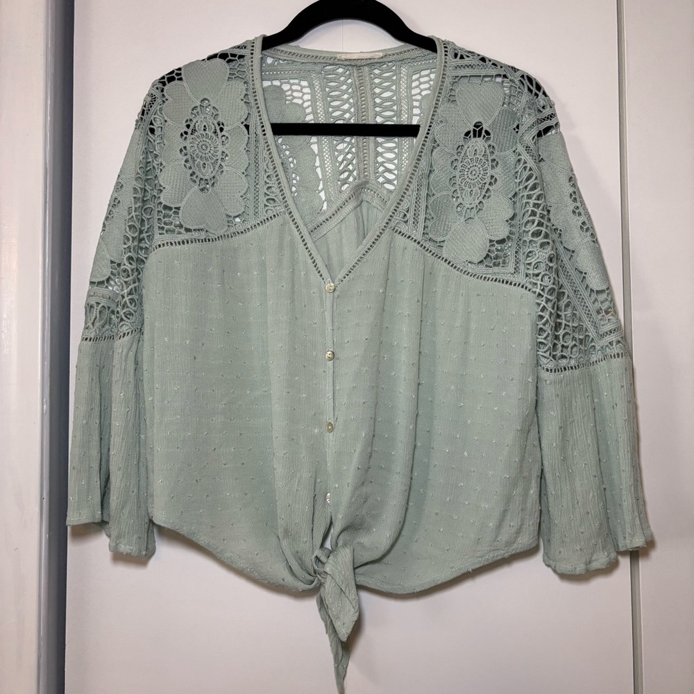 Lovestitch Women’s Lace Detail Tie-Front Blouse Bell Sleeve Mint Green Size S
